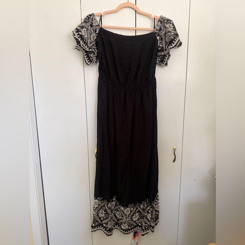 Lane Bryant Black Off-shoulder Midi Dress with White Embroidered Hem and Sleeves